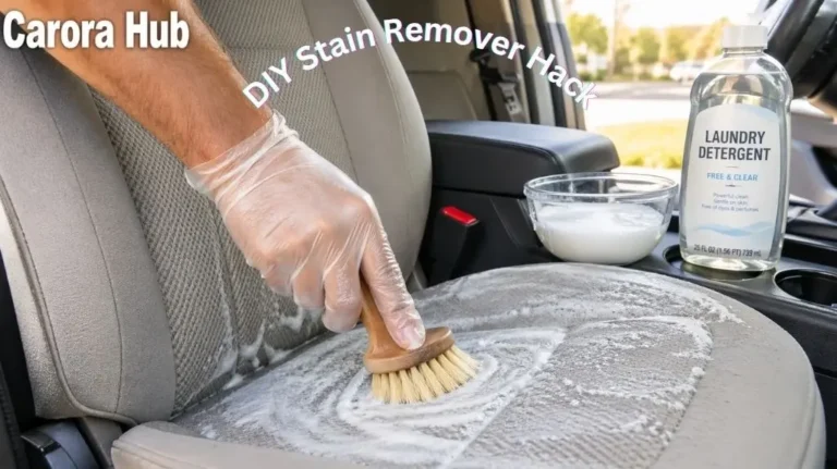 A person scrubbing car upholstery with a diluted laundry detergent solution to remove deep-set fabric stains.