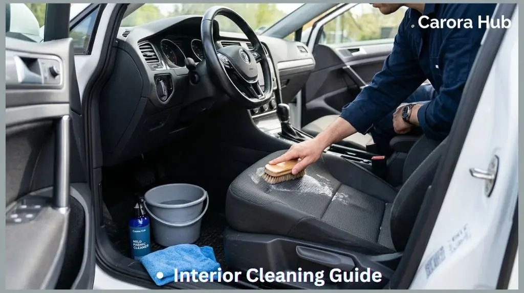 Can I use laundry detergent to clean car seats showing fabric seat being cleaned with brush and solution
