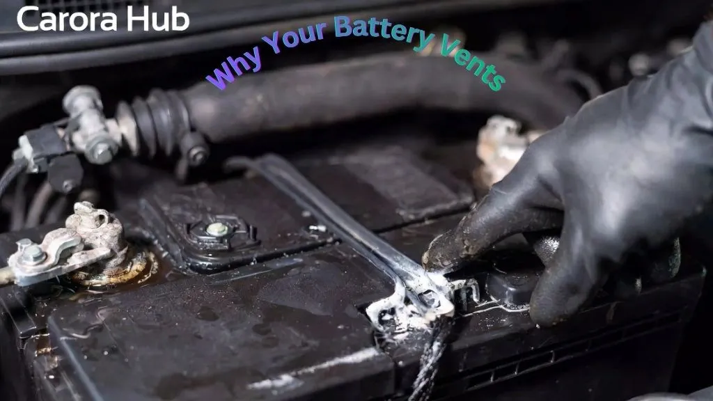 A car battery showing liquid acid leaking from the top vents and caps, indicating an overcharging or internal pressure issue.
