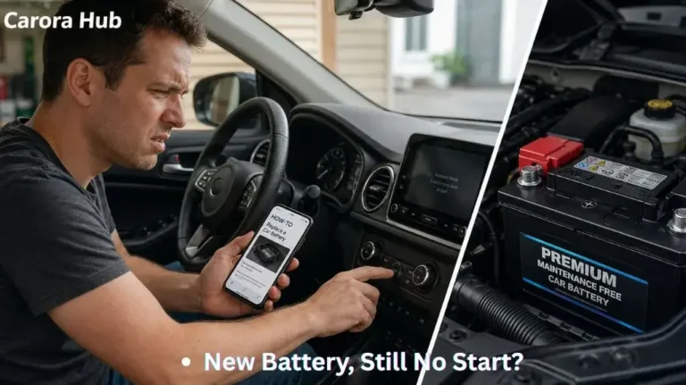 A car owner troubleshooting a vehicle that refuses to start immediately after installing a brand-new battery, focusing on the security system reset.