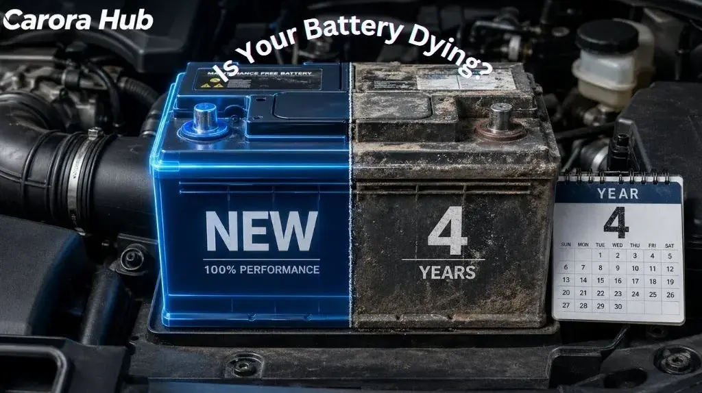 A conceptual image showing the aging process of a lead-acid car battery over its typical three to five-year lifespan.