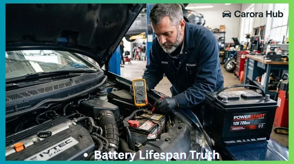 How long does a car battery last in a car showing mechanic testing battery voltage with multimeter