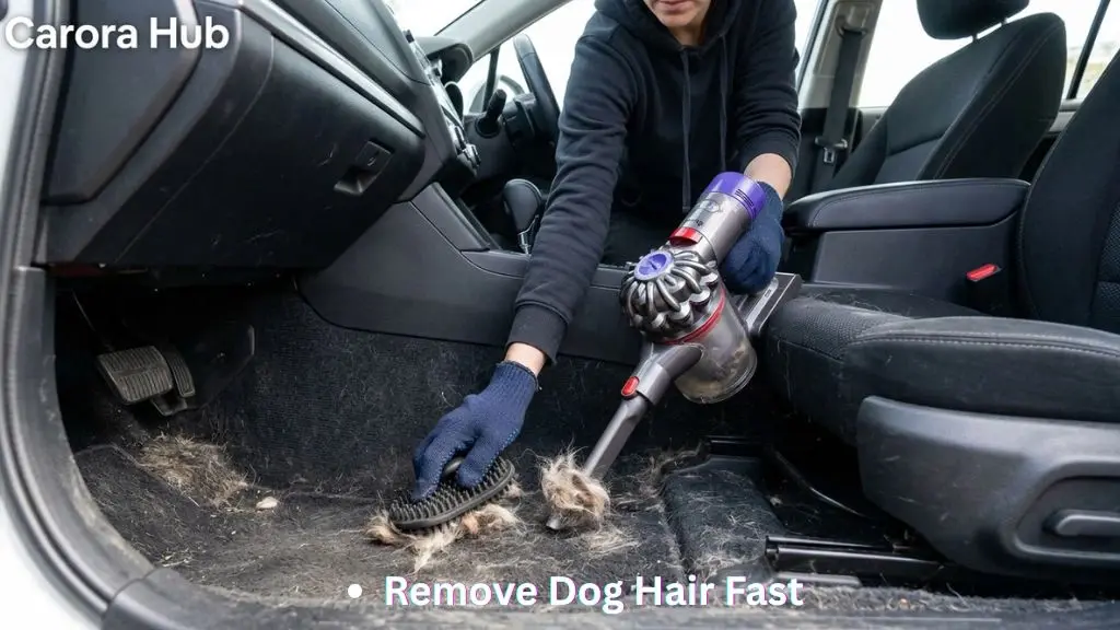 How to Get Dog Hair Out of Car Carpet Fast showing rubber brush lifting dog hair from carpet