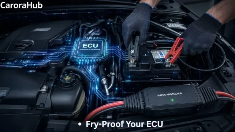 A technical demonstration showing the safe sequence of connecting jumper cables to a modern vehicle to prevent a high-voltage surge to the car's computer.