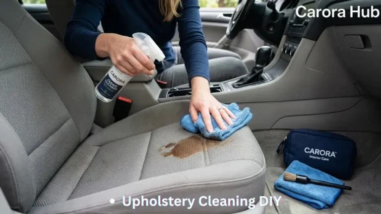 How to remove coffee stains from car upholstery at home showing stain being cleaned with cloth