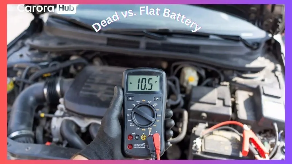 A multimeter displaying 10.5 volts on a car battery, indicating a dead cell rather than a simple discharge.