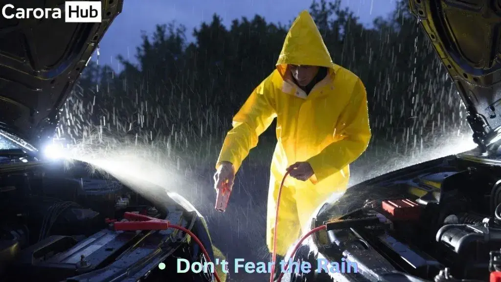 A person safely using jumper cables to start a car during a rainstorm, highlighting that 12V systems are safe in wet weather.