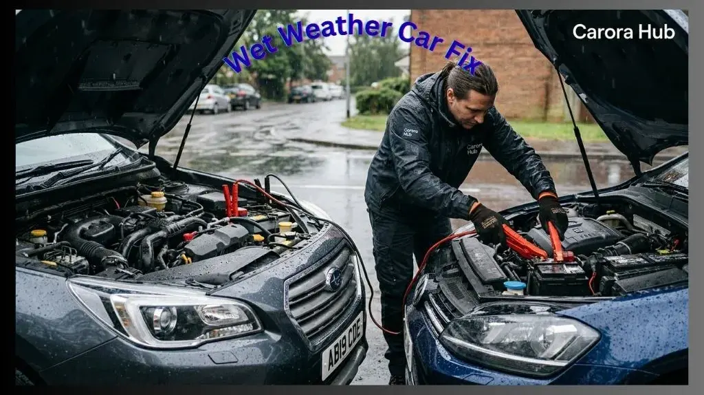 Is It Safe to Jump Start a Car in the Rain showing jumper cables connected during wet conditions