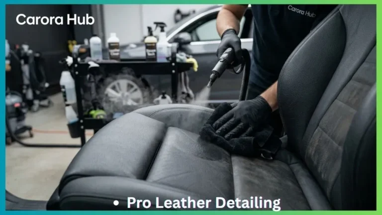 A detailer using a steam cleaner on a leather car seat, showing the correct distance and immediate wiping technique to prevent moisture damage.