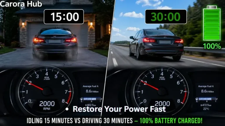 A comparison graphic showing why driving at highway speeds is more efficient than idling when trying to restore a car battery after a jump start.