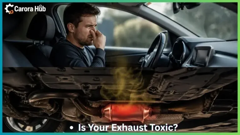 An illustration showing a car cabin being affected by sulfur smells from a clogged catalytic converter and an overcharged battery.