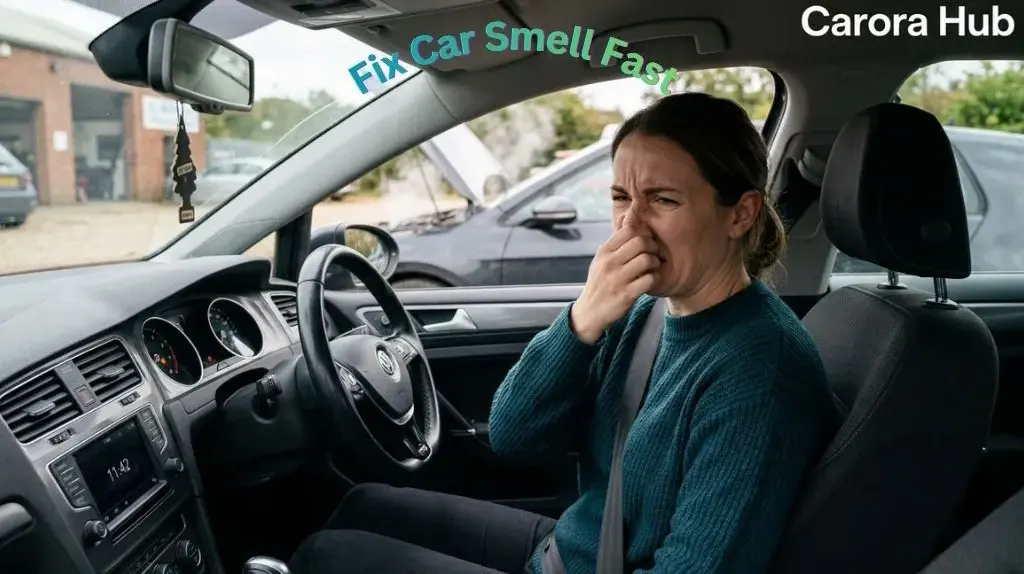 Why does my car smell like rotten eggs inside showing driver reacting to bad odor in car cabin
