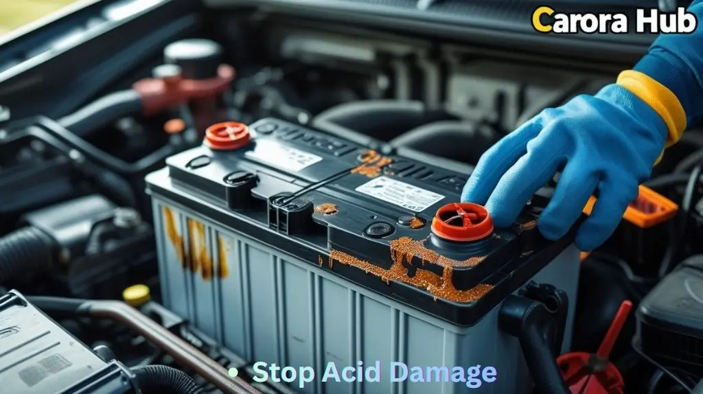 Why is my car battery leaking acid from the top showing corrosion and residue on battery surface