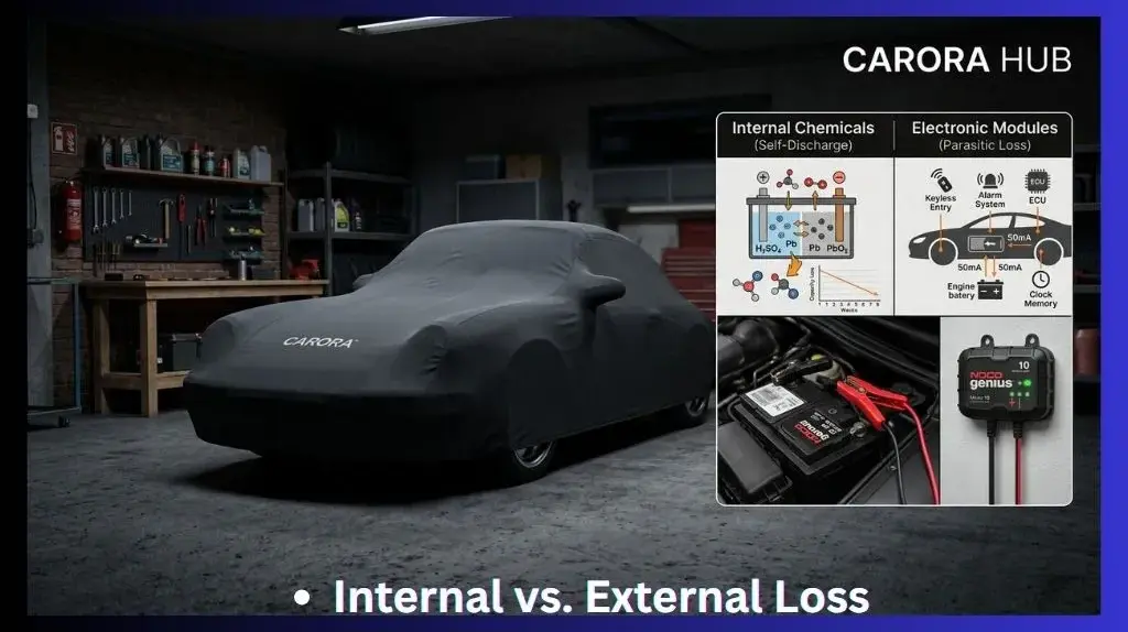 A conceptual graphic illustrating the difference between a battery losing charge internally through chemistry and losing charge to a vehicle's computer modules.