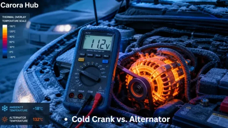 A multimeter testing a car battery in freezing conditions to determine if a slow start is due to cold-induced voltage drop or a failing alternator.