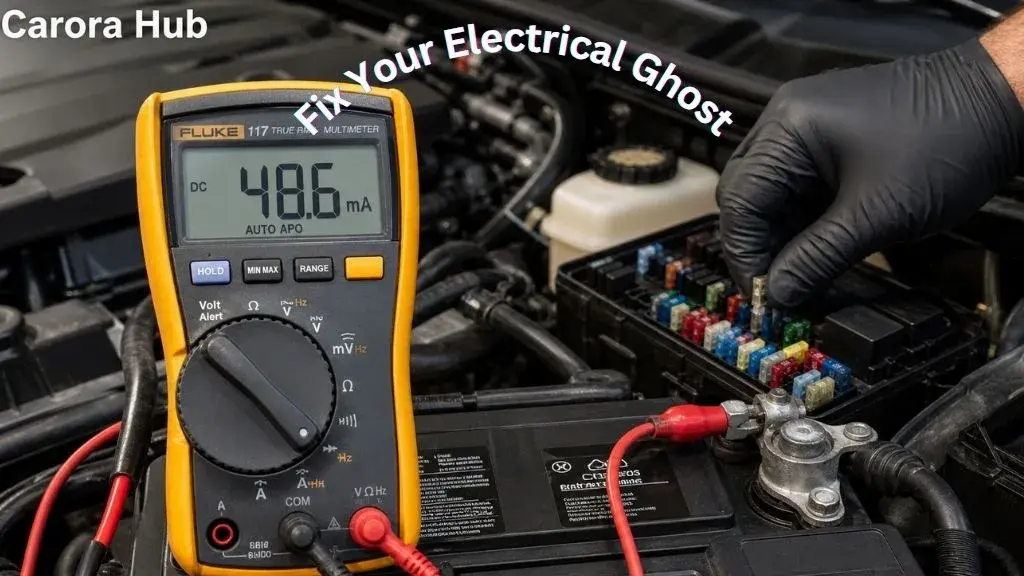 A mechanic performing a parasitic draw test on a vehicle battery using a multimeter to identify an electrical leak that causes total discharge.