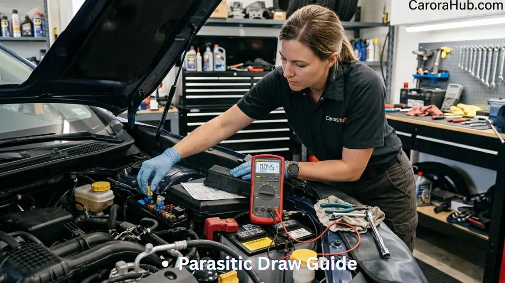Diagnosing Parasitic Battery Drain Using Multimeter showing multimeter connected in series and fuse pulling