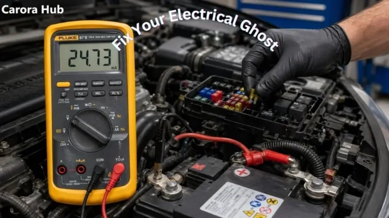 A mechanic performing a parasitic draw test on a vehicle battery using a multimeter to identify an electrical leak that causes total discharge within 48 hours.