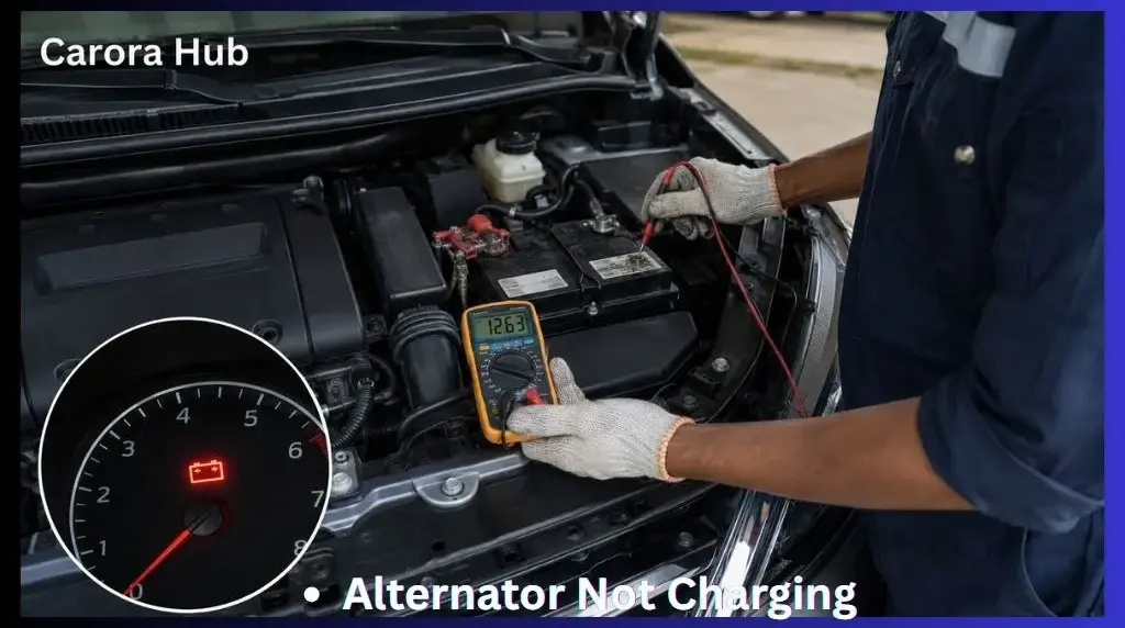 Why charging system fails after startup showing battery warning light and multimeter test