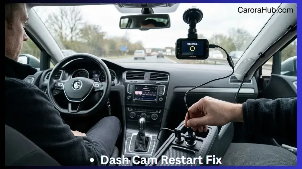Dash cam restarting repeatedly on car windshield due to power or SD card issues while driver checks cable connection
