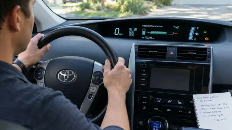 Person checking Toyota Prius hybrid battery health by monitoring the dashboard display.
