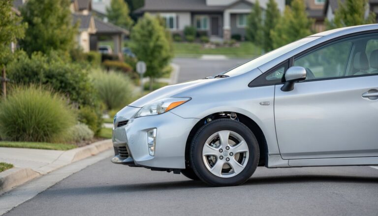 A silver Toyota Prius driving on a suburban road representing suspension wear inspection.