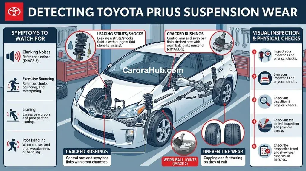 Technician inspecting a Toyota Prius suspension for signs of wear