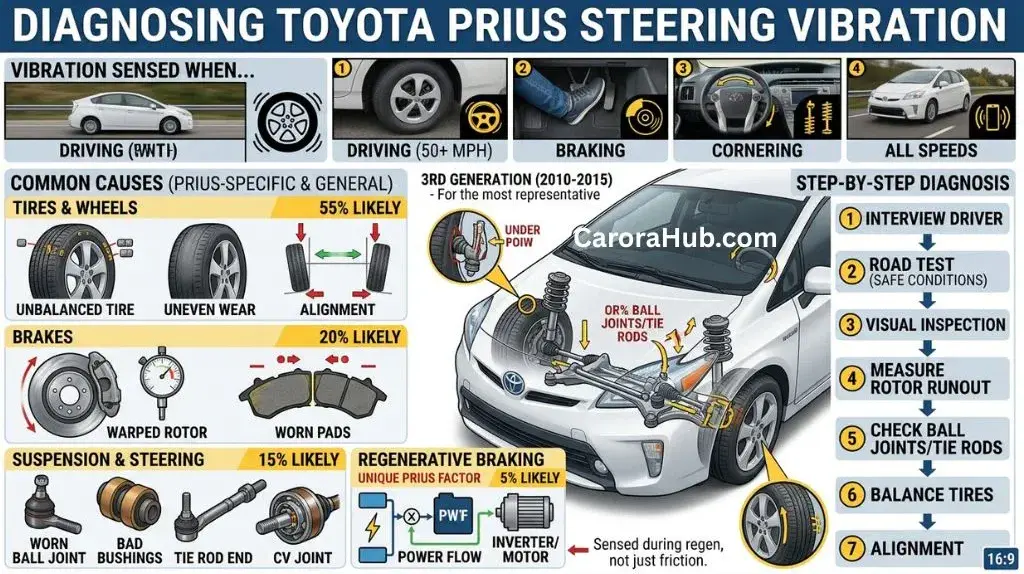 Technician diagnosing Toyota Prius steering vibration at the front wheel