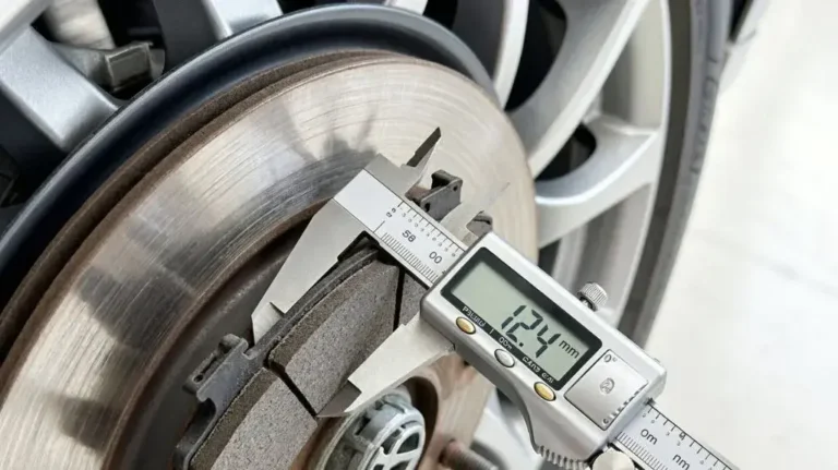 A mechanic measuring the brake pad thickness of a Toyota Prius for maintenance.