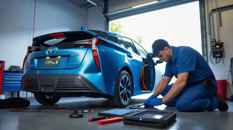 Technician checking a Toyota Prius hybrid battery cooling system after a P0A80 code.