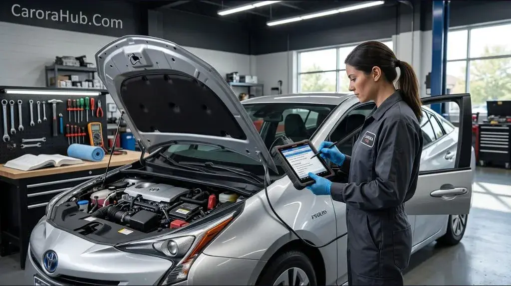 Toyota Prius being diagnosed for the P0A80 hybrid battery code with a scan tool.