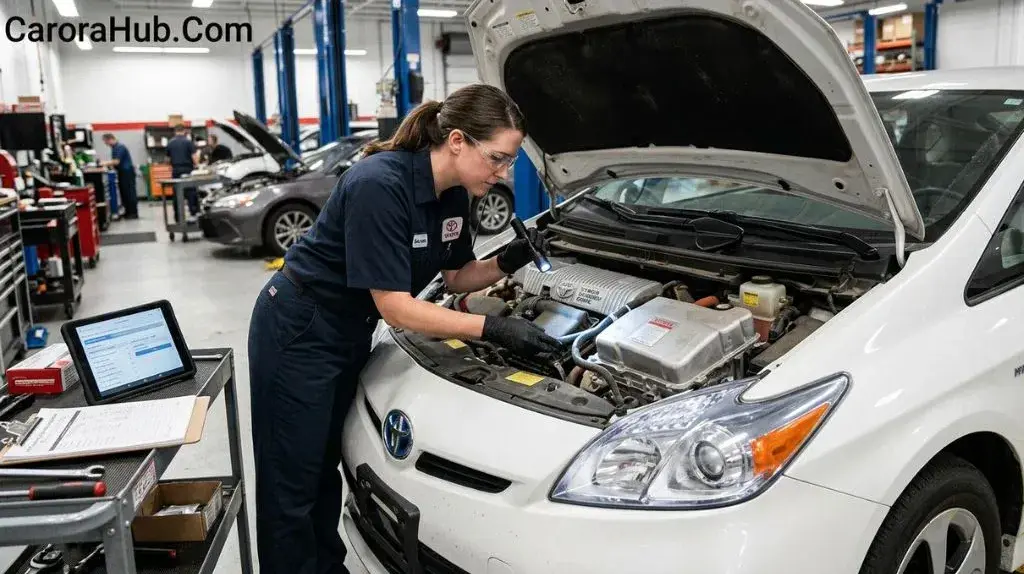 Technician checking a Toyota Prius inverter cooling system and coolant reservoir