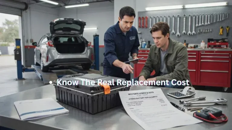 Technician discussing Toyota Prius battery replacement cost with a customer.
