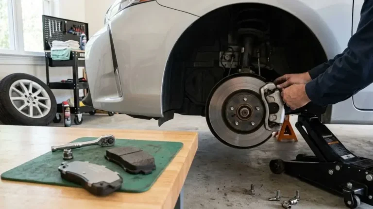 Toyota Prius brake pads and regular brake pads compared beside a Prius brake assembly.