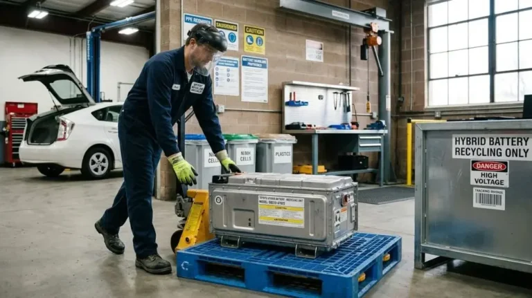 Technician handling a Toyota Prius hybrid battery for responsible recycling.