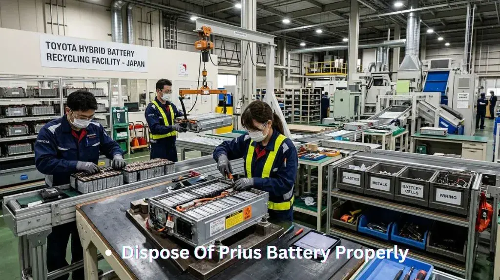Toyota Prius hybrid battery prepared for professional recycling at an automotive facility.