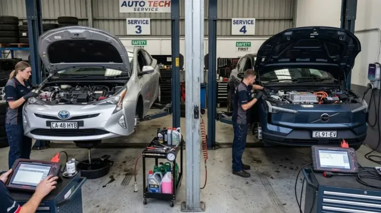 Toyota Prius hybrid vs fully electric car maintenance showing different service requirements
