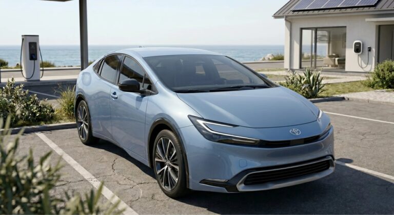 A modern silver Toyota Prius and blue Prius Prime parked side by side outdoors.