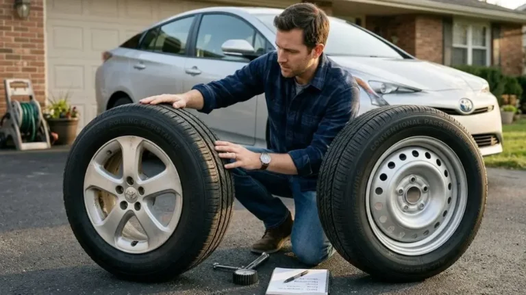 Toyota Prius tires and regular tires compared side by side for tread and design.