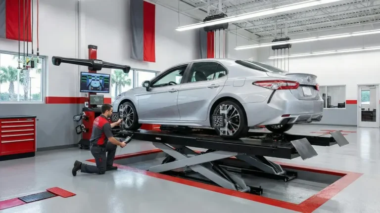 A modern Toyota Prius parked on a driveway illustrating professional wheel alignment maintenance.