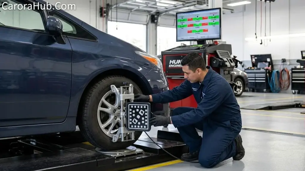 Technician checking Toyota Prius wheel alignment symptoms during a tire inspection