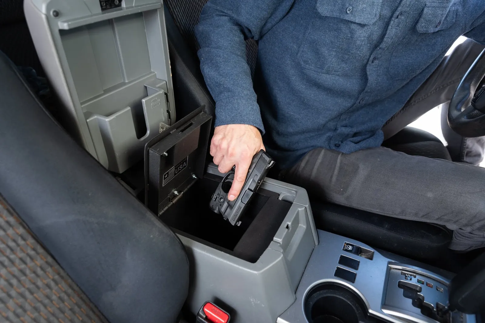 Biometric and key locks on steel 4Runner console safe