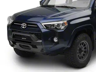 Black steel bull bar with an integrated winch cradle on a white SUV.