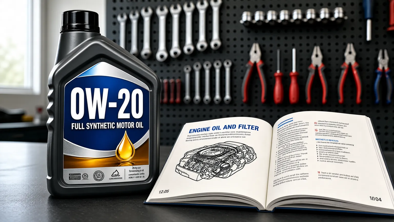 A bottle of 0W-20 synthetic oil placed next to a vehicle owner's manual.