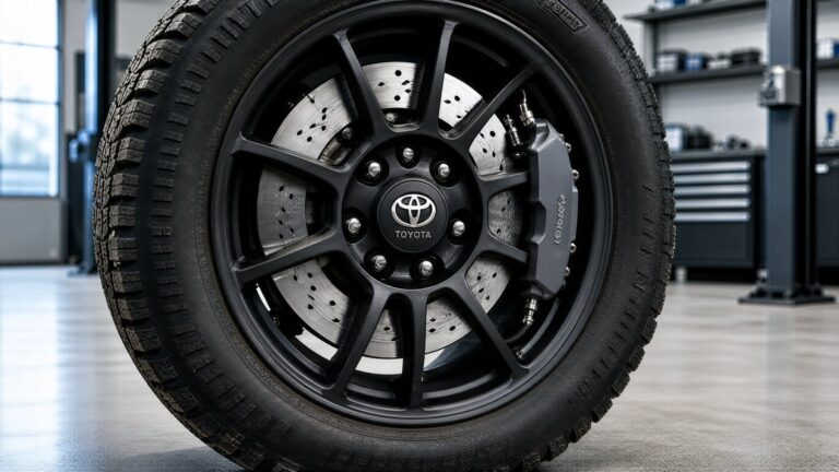 A close-up view of Toyota 4Runner brake components in a clean professional garage.