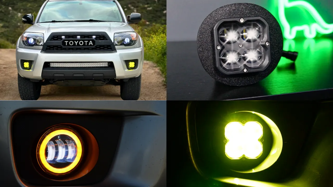 Four fog light types displayed side by side on wooden workbench