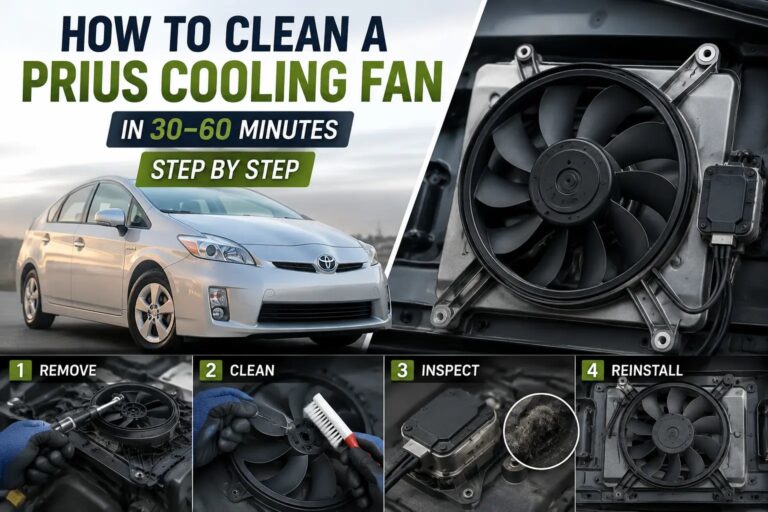 A hybrid vehicle engine bay showing both the battery cooling fan and engine cooling system.
