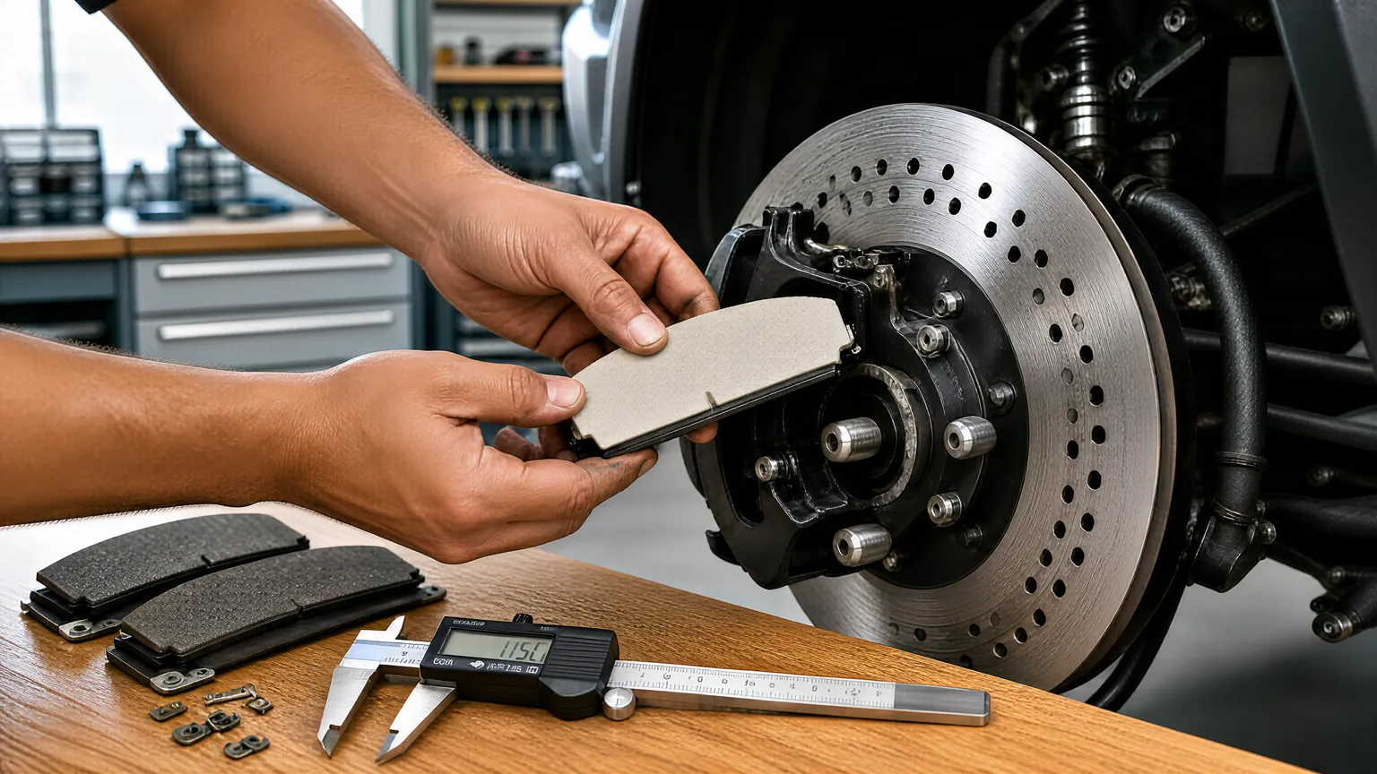 Mechanic installing new brake pads for a Toyota 4Runner in a bright workshop.