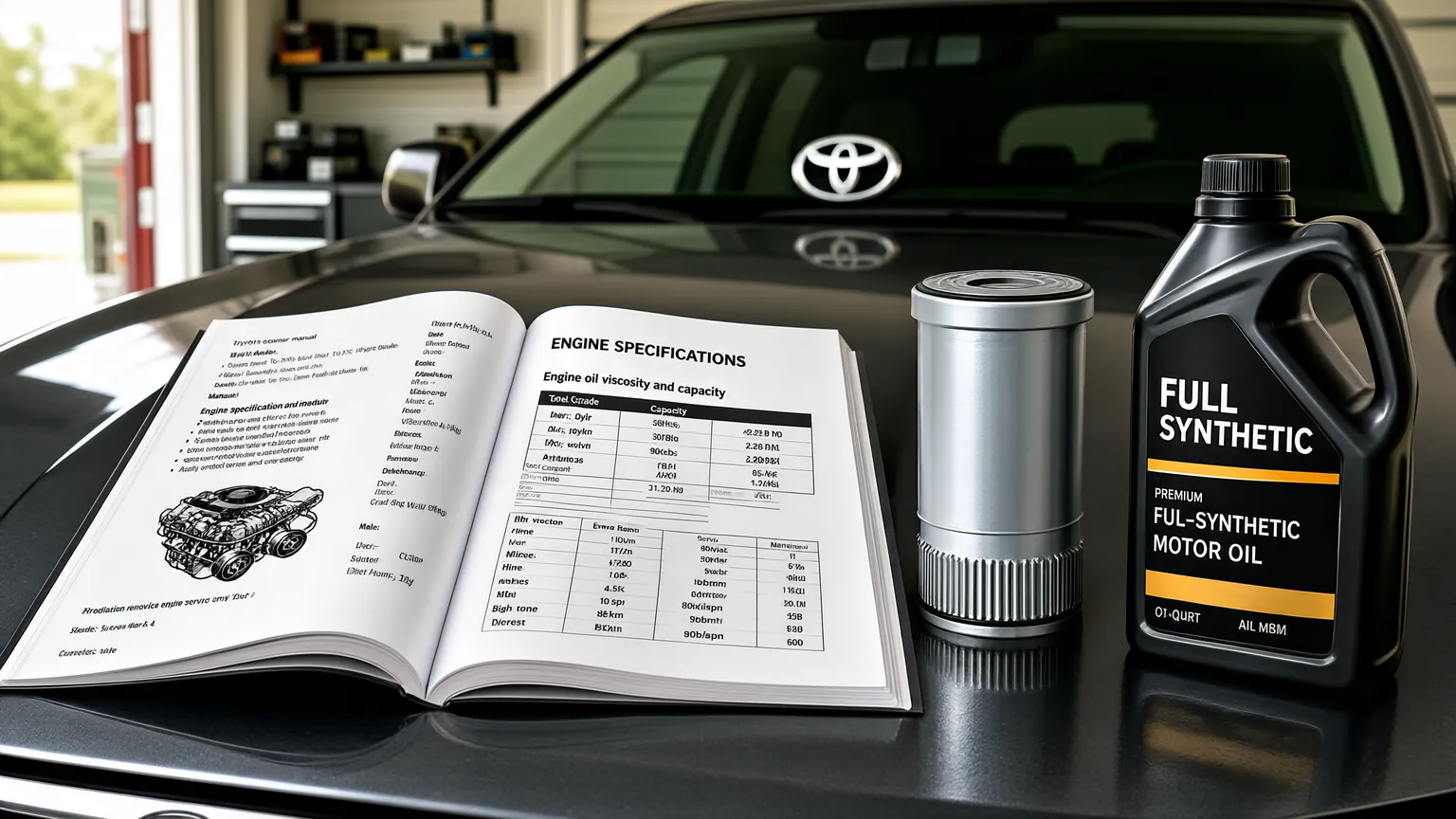 Owner manual and oil change supplies prepared for a Toyota 4Runner engine maintenance.