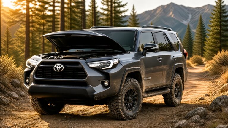A rugged Toyota 4Runner parked on a mountain trail representing engine maintenance.